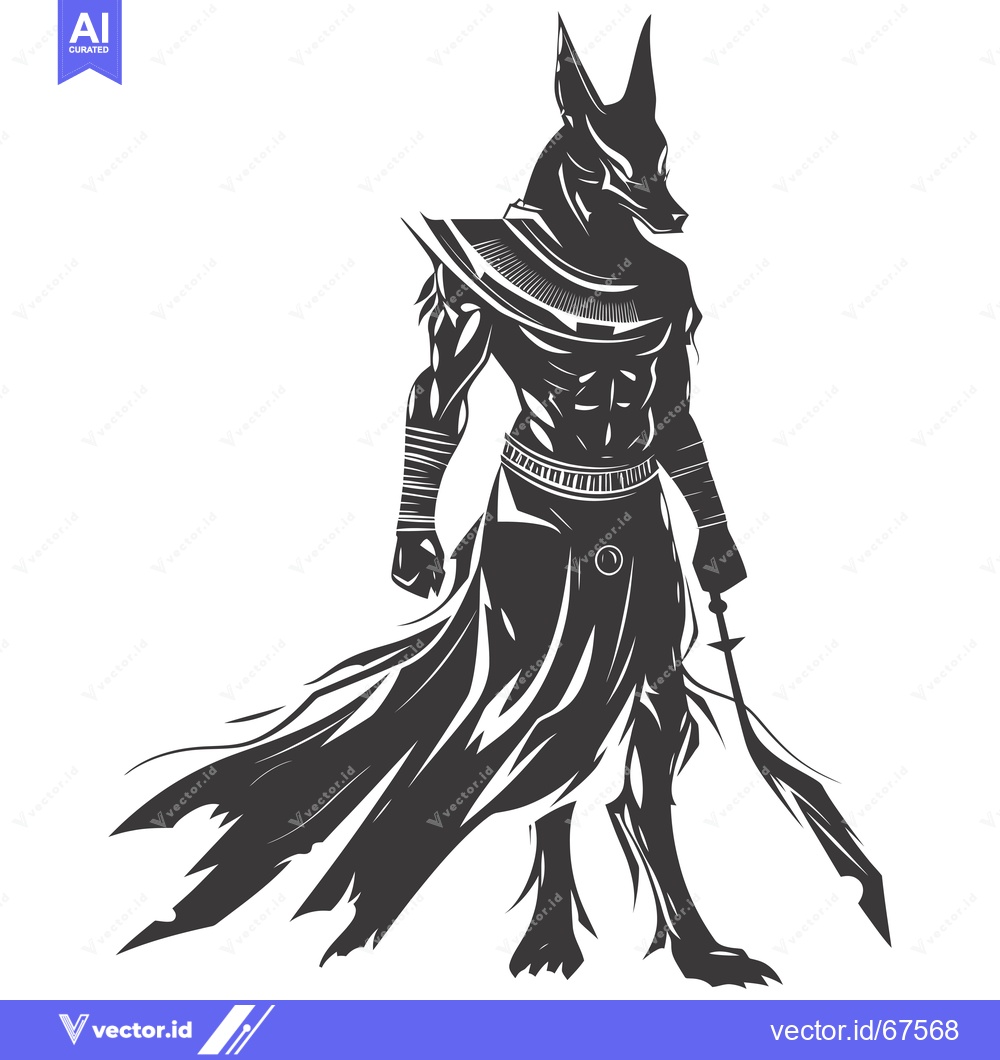 Premium Vector of Anthropomorphic Jackal Deity with Draped Clothing and Weapon