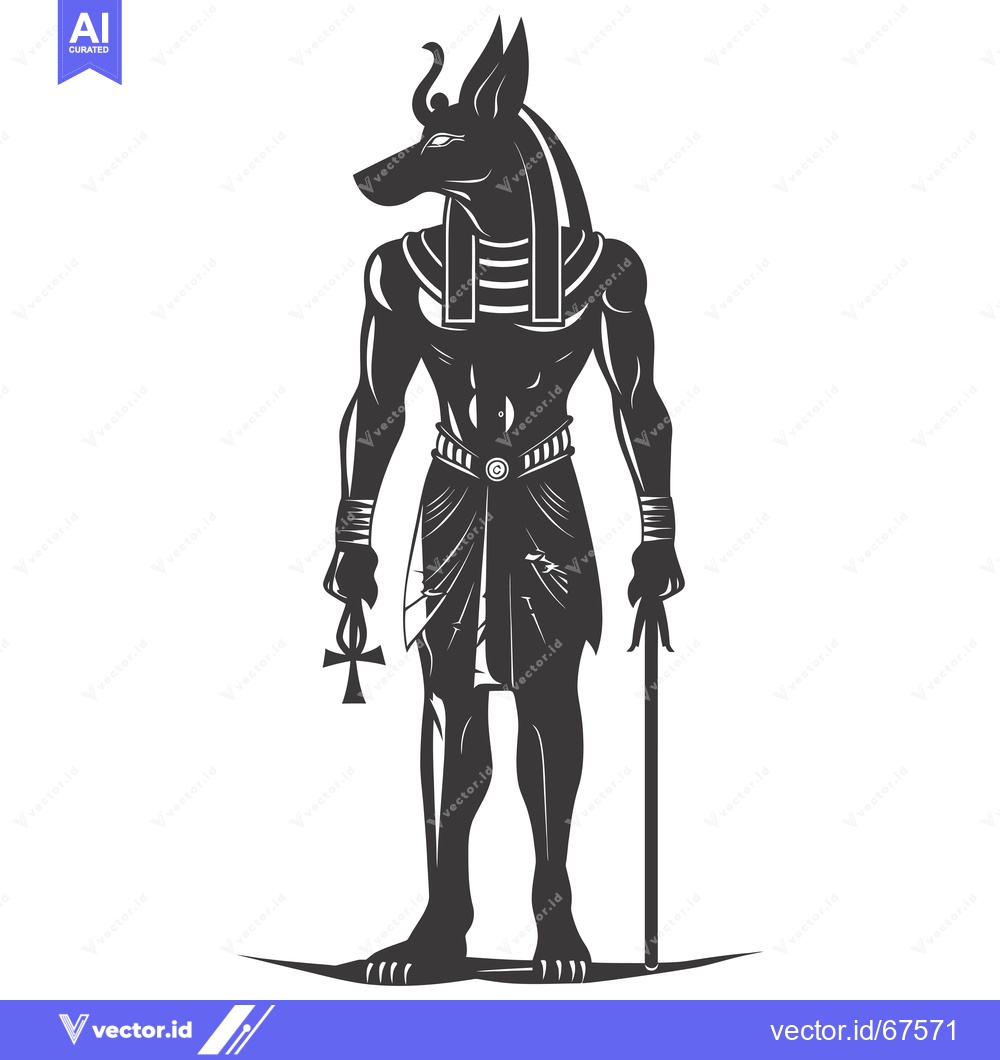 Premium Vector dari Anubis, the Egyptian God of the Dead, Holding a Crook and a Ankh