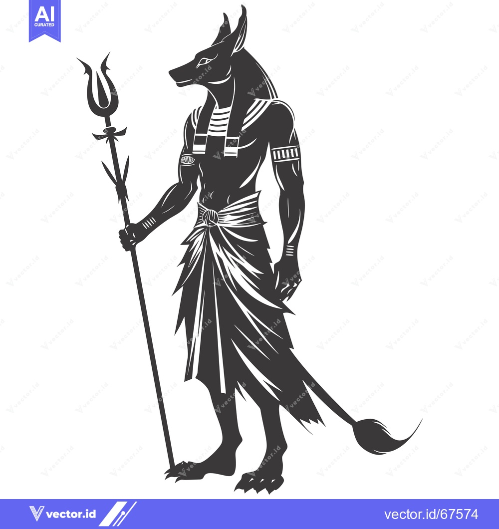 Premium Vector dari Anubis, the Egyptian God of the Dead, Holding a Staff