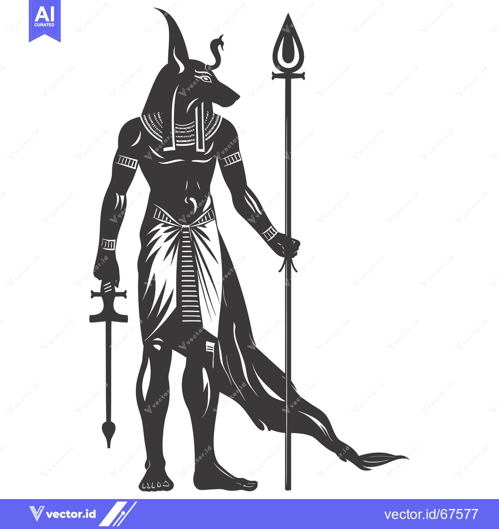 Premium Vector dari Anubis, Egyptian God of the Dead, Holding a Staff and a Sword