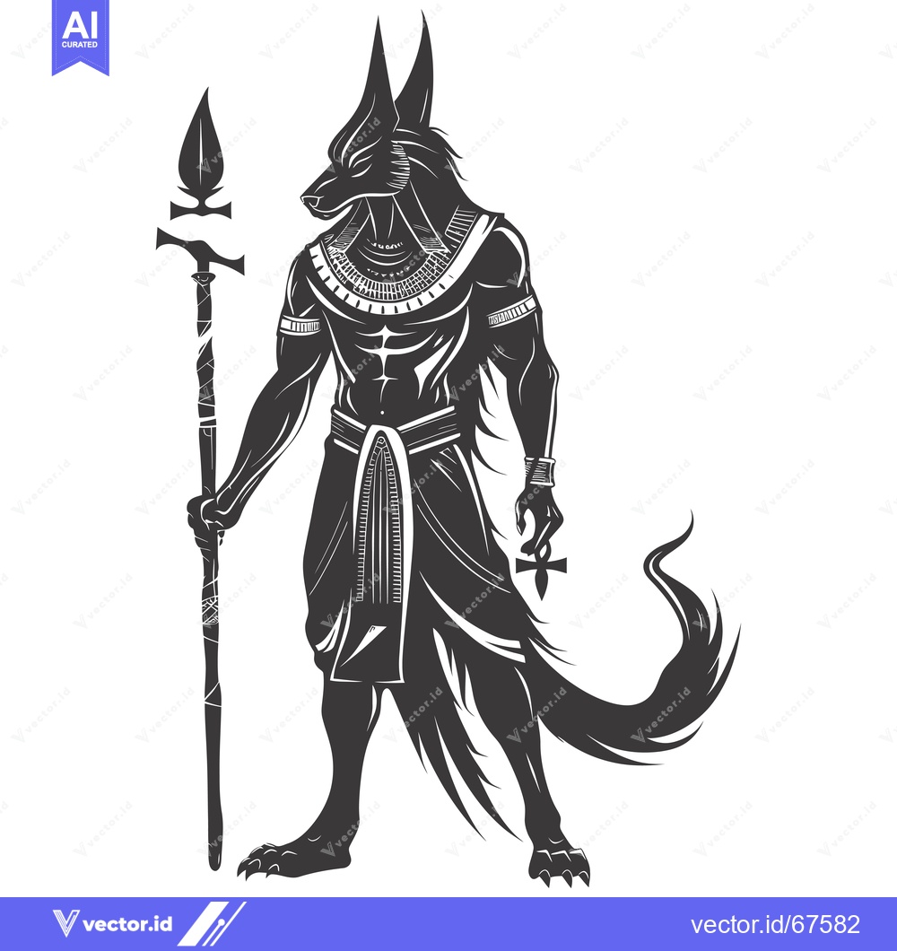 Premium Vector dari Anubis, the Egyptian God of the Dead, Holding a Staff and an Ankh