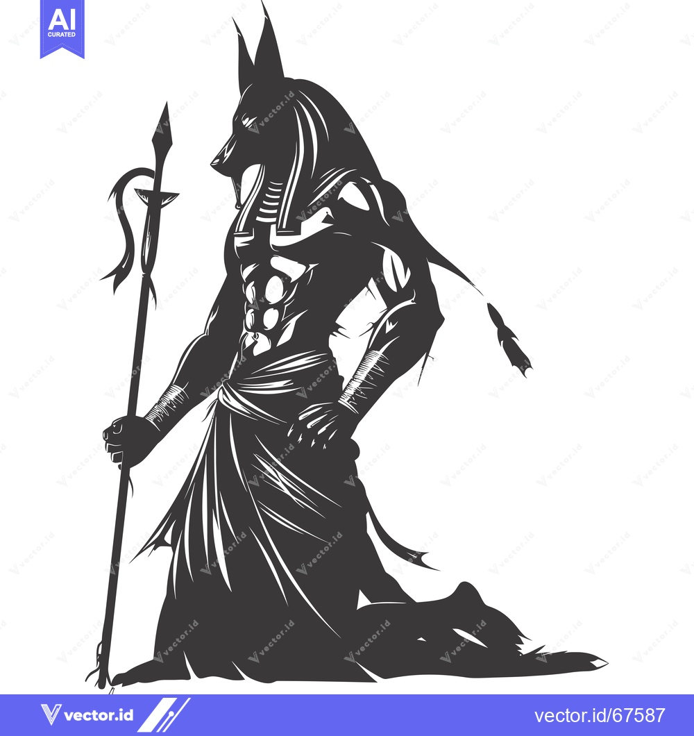 Premium Vector dari Anubis, the Egyptian God of the Dead, Kneeling with a Staff