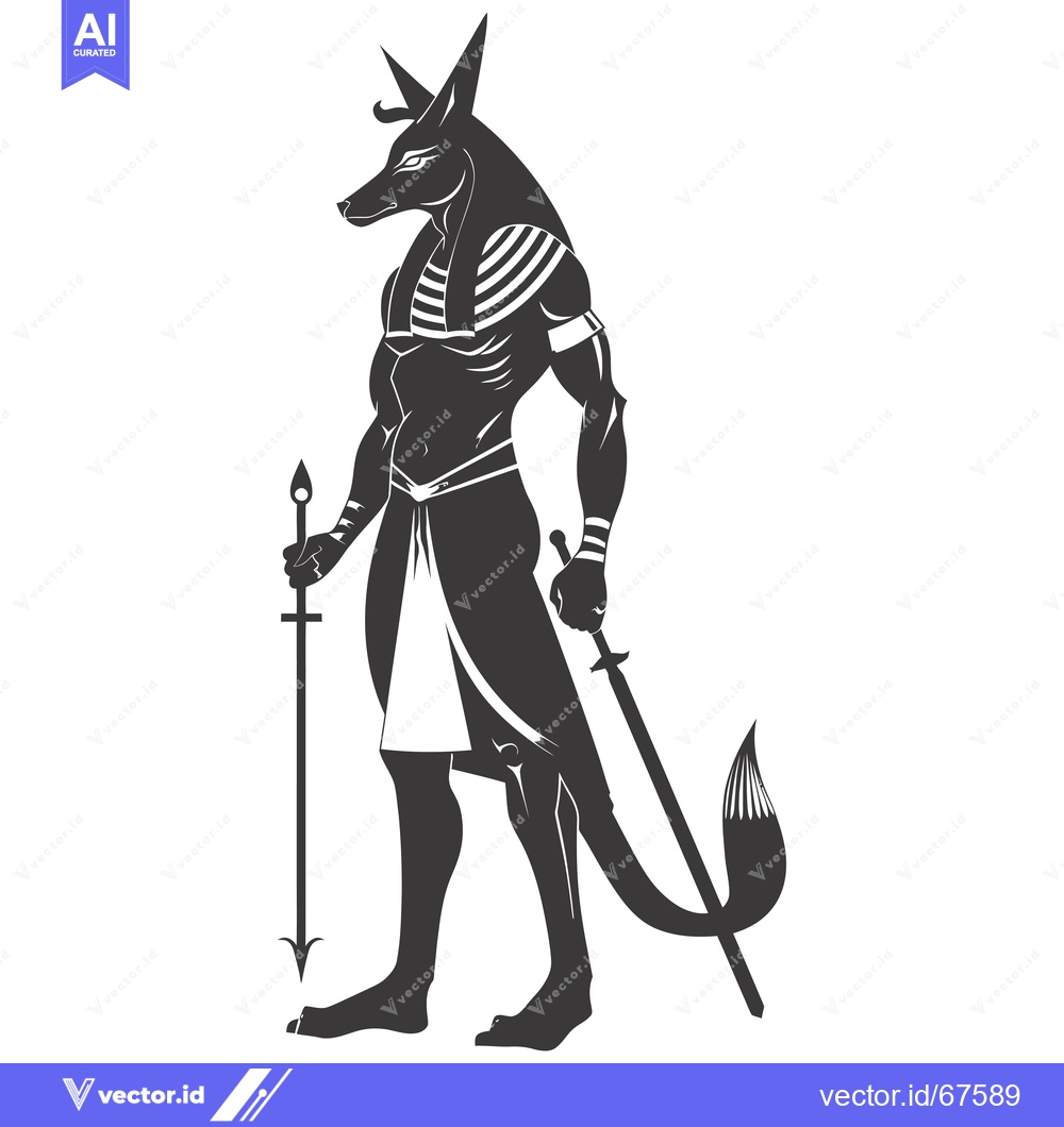 Premium Vector dari Anubis, the Egyptian God of the Dead, with a Sword and Staff