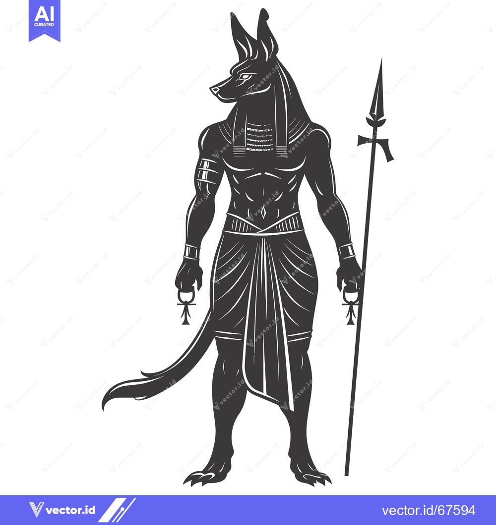 Premium Vector dari Anubis, Egyptian God of the Dead, Holding a Spear and Ankh