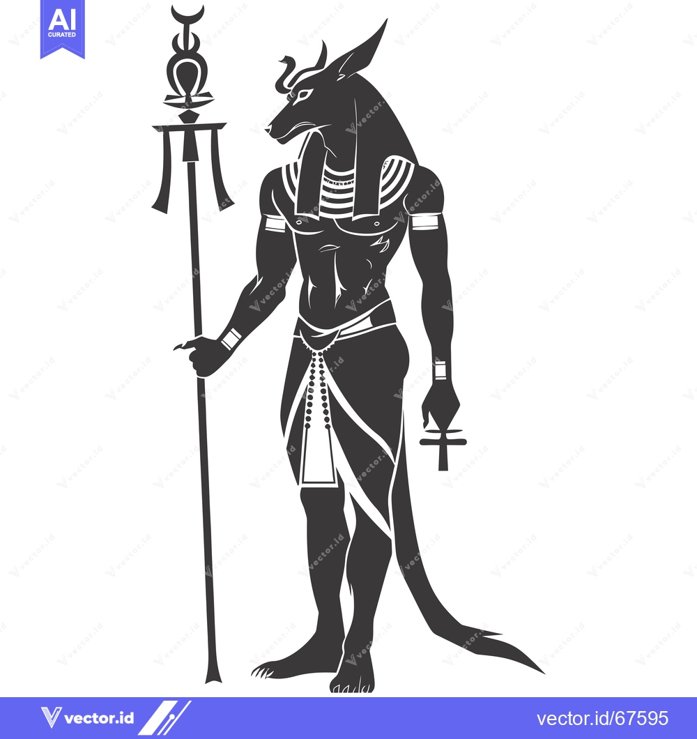Premium Vector dari Anubis, the Egyptian God of the Dead, Holding a Staff and Ankh