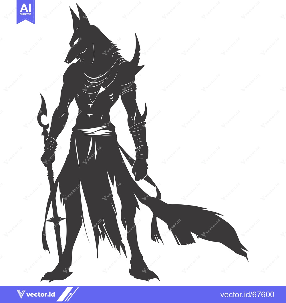 Premium Vector dari Silhouette of a Wolf-Headed Humanoid Figure Holding a Staff