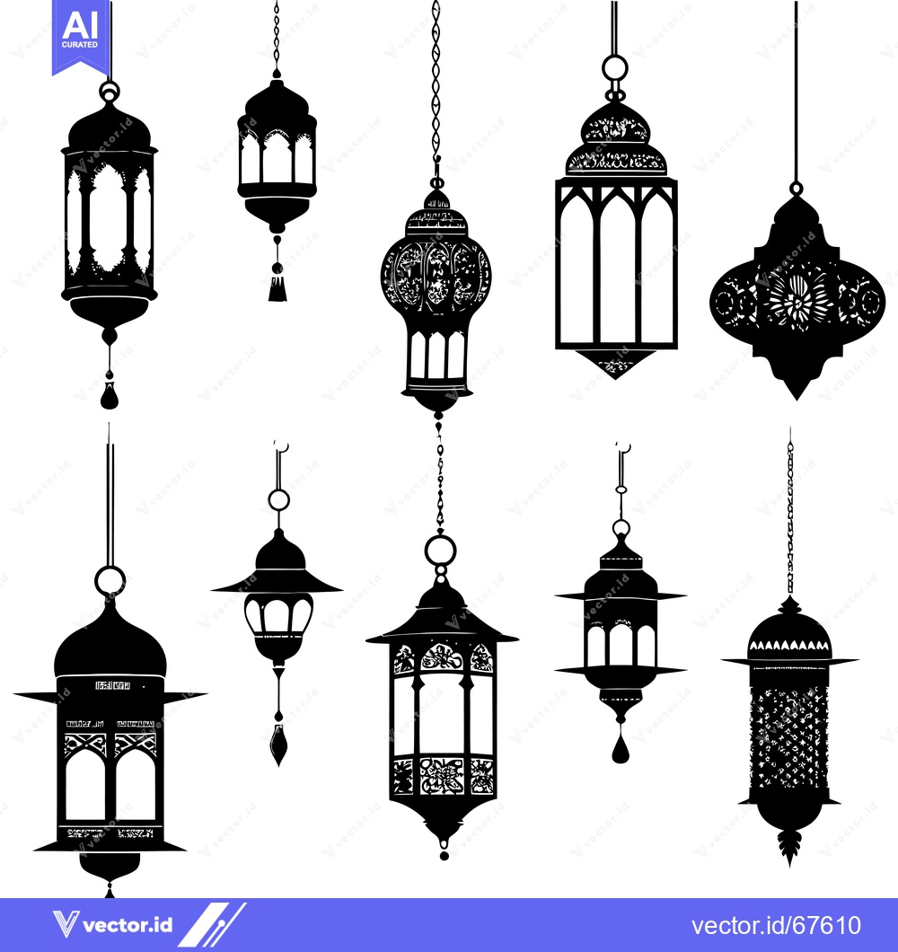 Premium Vector of Nine Ornamental Hanging Lanterns in Silhouette