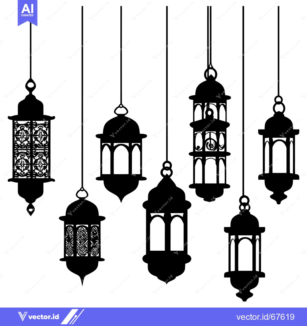 Premium Vector of Seven Black and White Hanging Islamic Lanterns