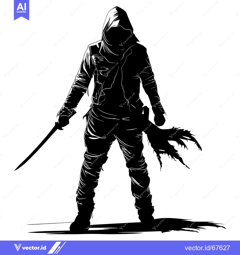 Premium Vector of Silhouette of a hooded figure with a sword and a tattered cloak