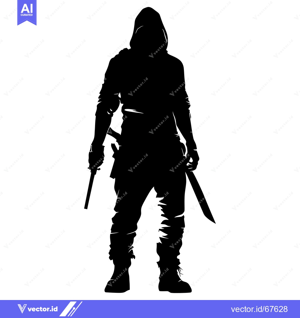 Premium Vector dari Silhouette of a Hooded Figure Holding a Gun and a Sword