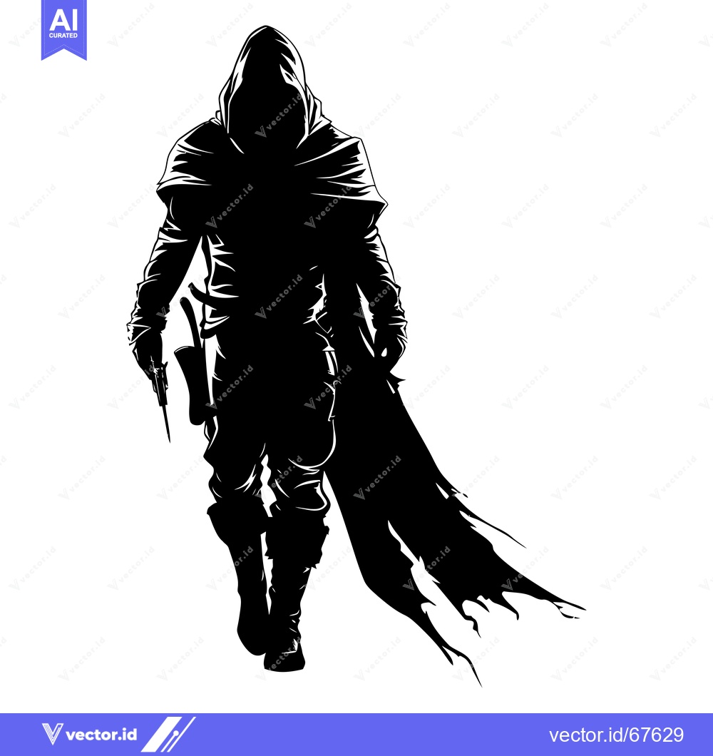 Premium Vector dari Silhouette of a Hooded Figure Holding a Weapon