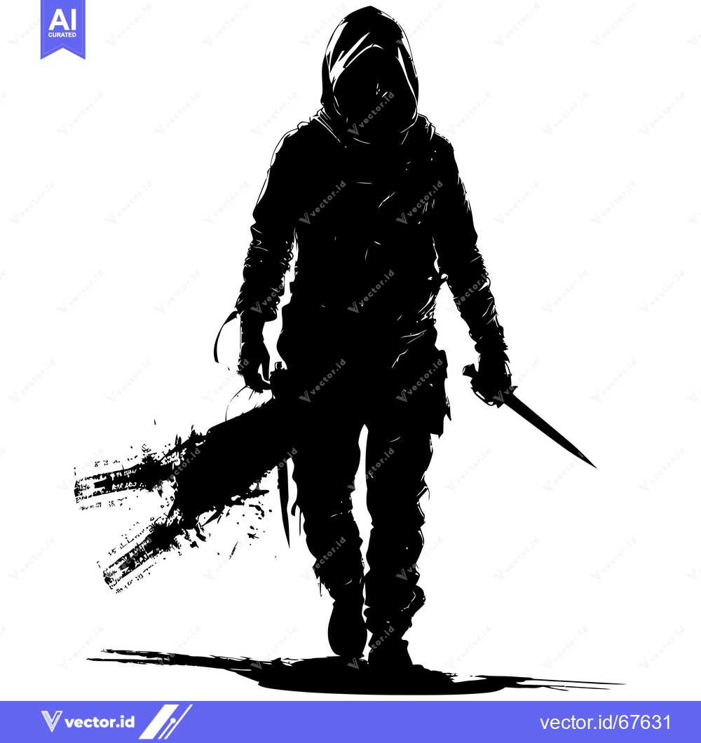 Premium Vector of Silhouette of a hooded figure with a weapon and a knife
