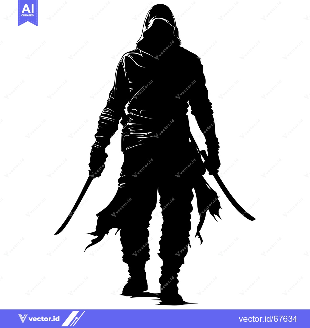 Premium Vector dari Silhouette of a Hooded Figure Holding Two Swords