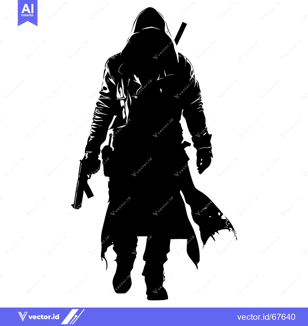 Premium Vector dari Silhouette of a hooded figure holding a gun and a sword
