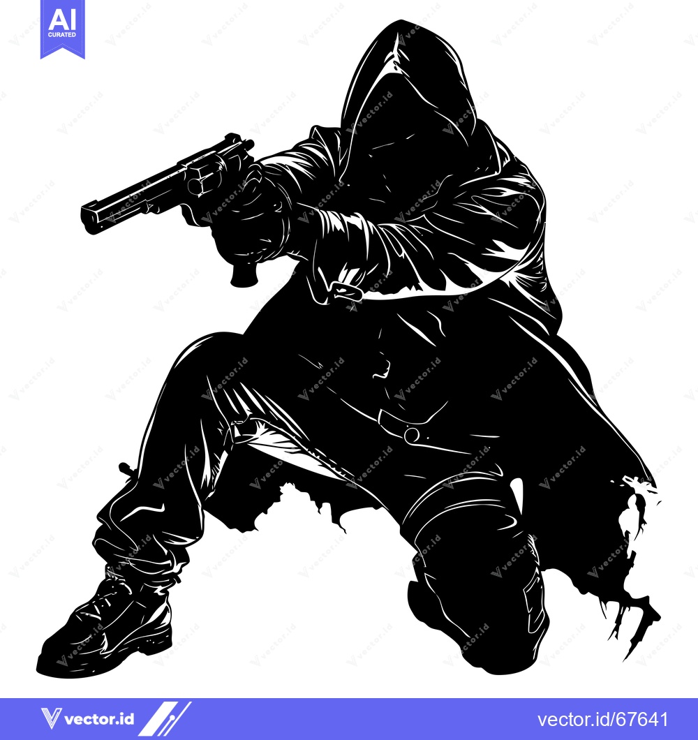 Premium Vector dari Silhouette of a Hooded Figure Holding a Gun