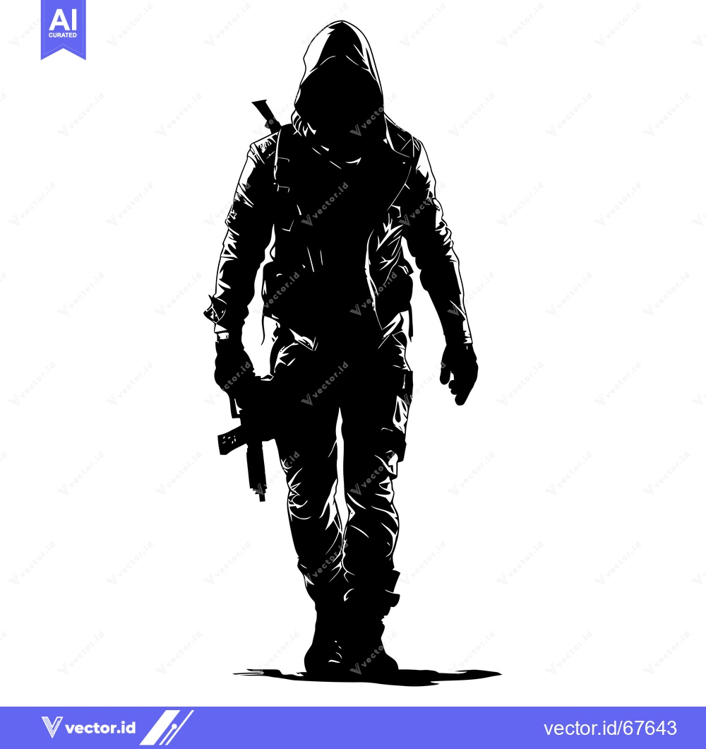 Premium Vector dari Silhouette of a Hooded Figure Holding a Rifle