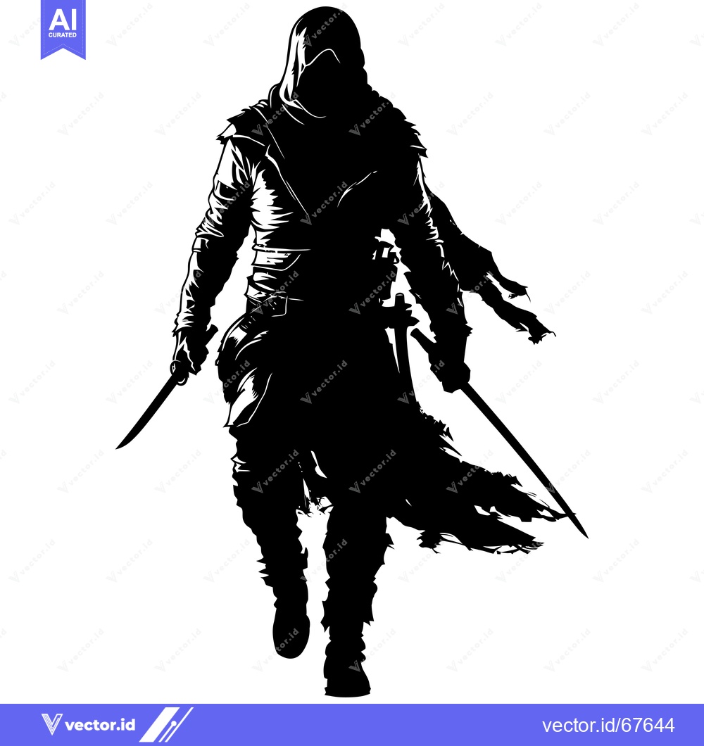 Premium Vector dari A hooded figure wielding two swords, walking forward with a determined