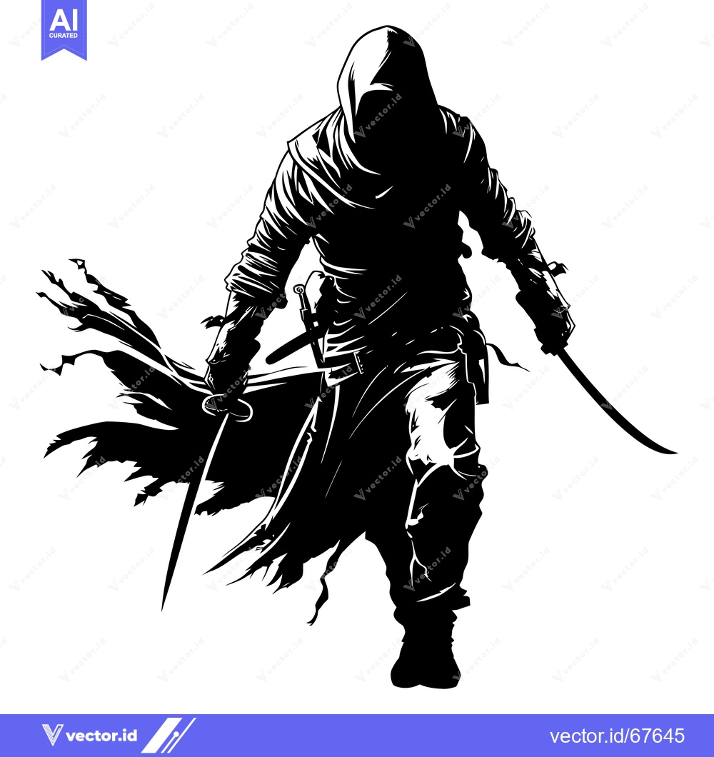 Premium Vector of Silhouette of a hooded figure wielding two swords