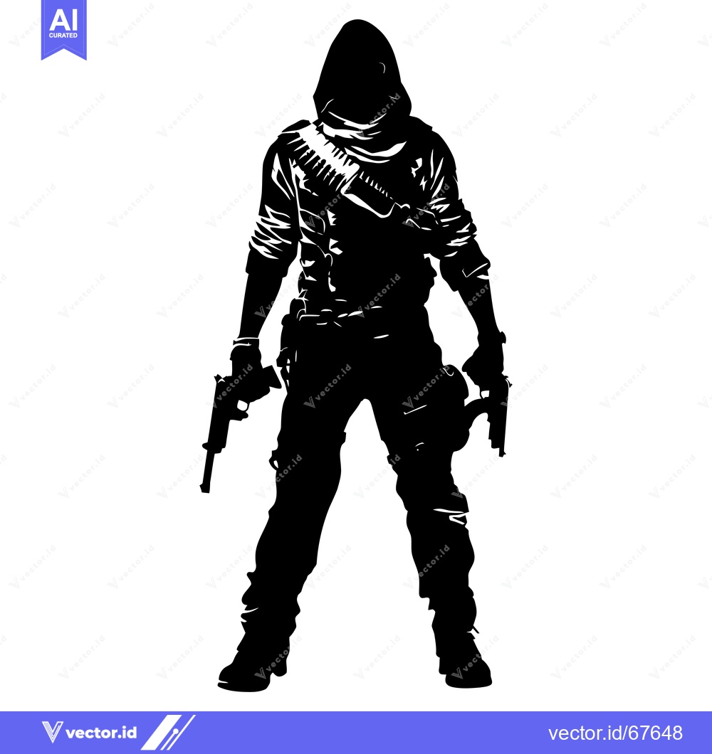 Premium Vector of Black and White Silhouette of a Hooded Figure Holding Two Guns