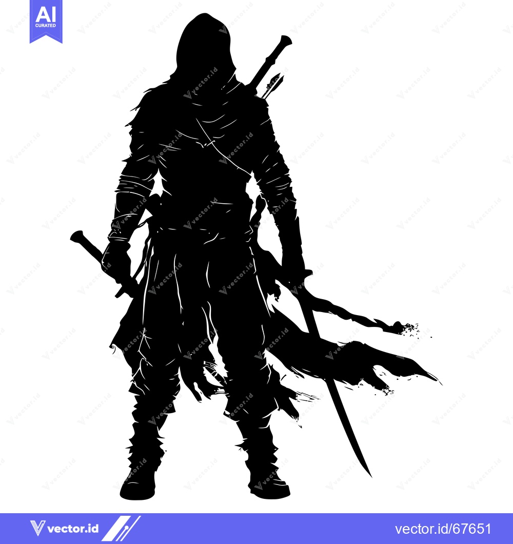 Premium Vector dari Silhouette of a hooded warrior with a sword and dagger