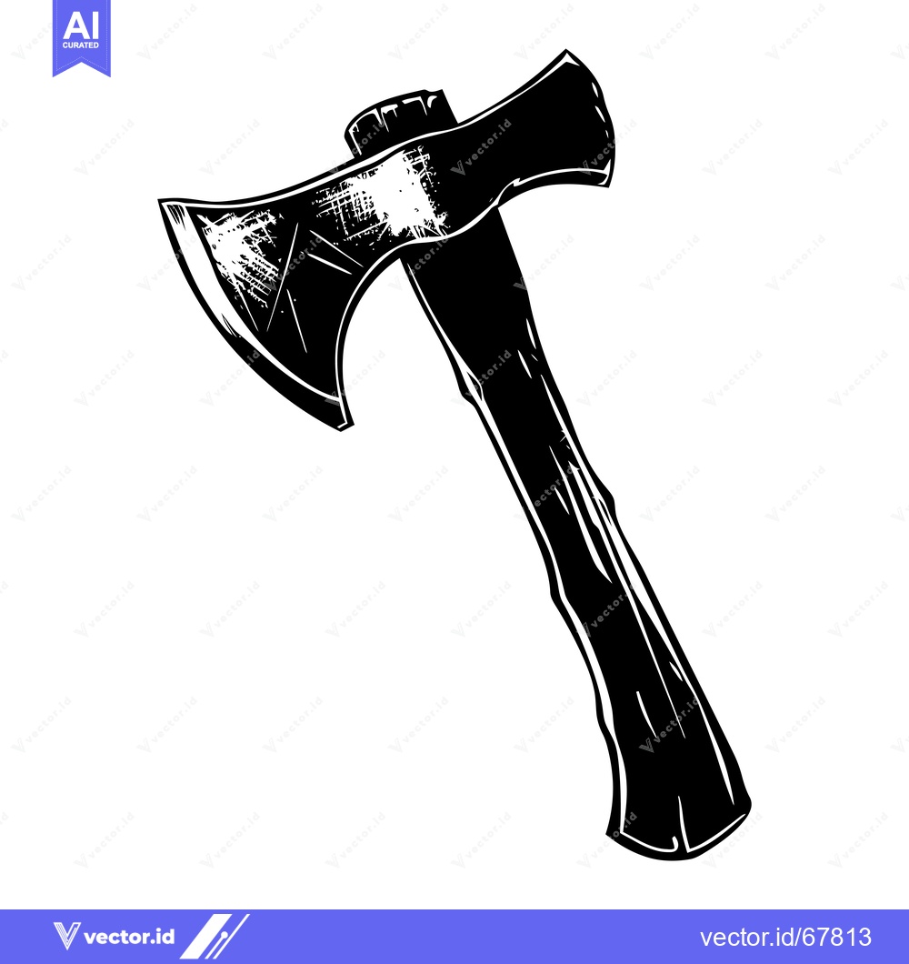 Premium Vector dari A Black and White Illustration of a Worn Wooden-Handled Axe