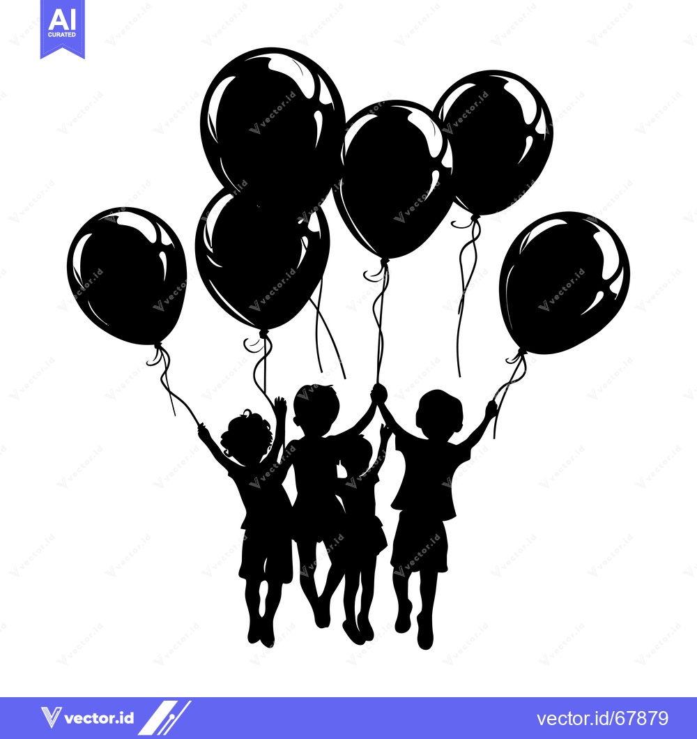 Premium Vector of Silhouette of four children holding balloons and jumping in the air