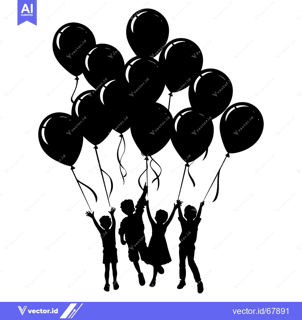 Premium Vector of Silhouette of four children holding onto balloons