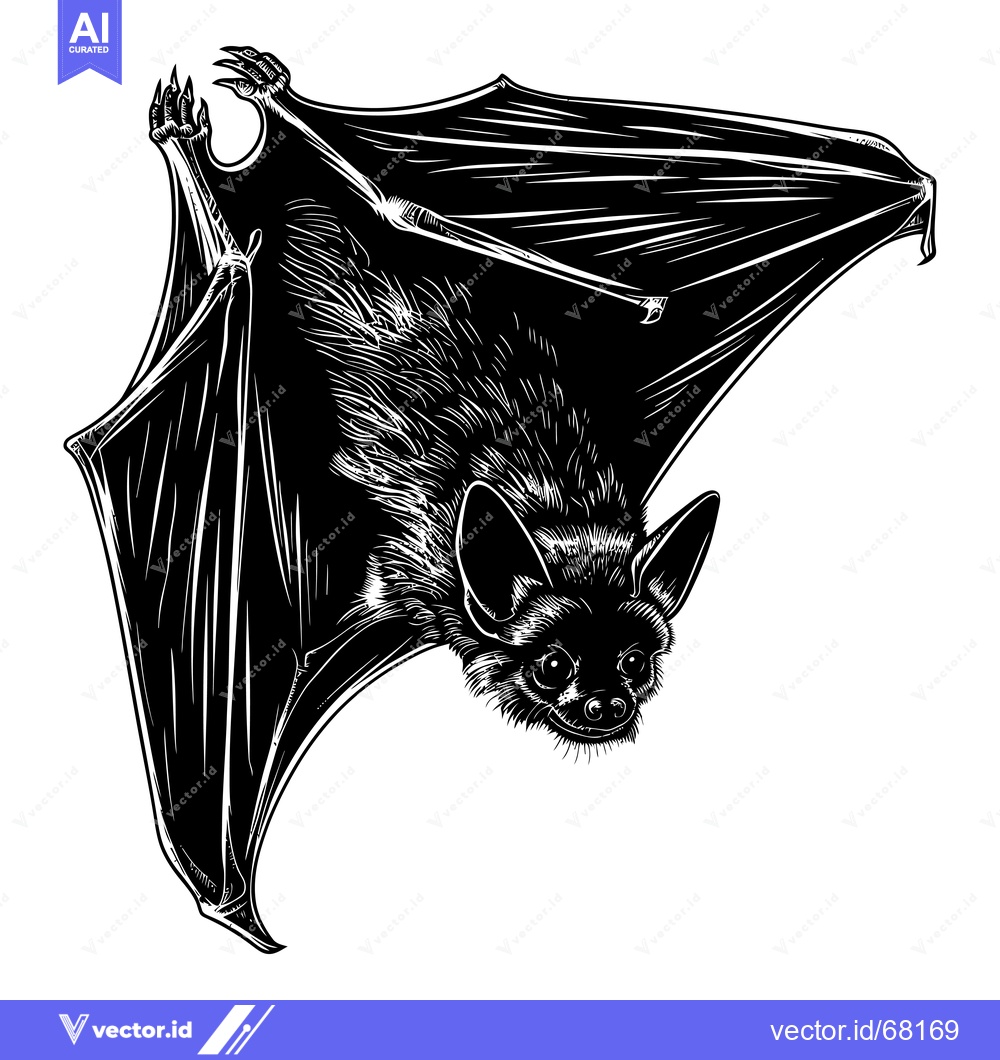Premium Vector of Black and White Illustration of a Bat Hanging Upside Down