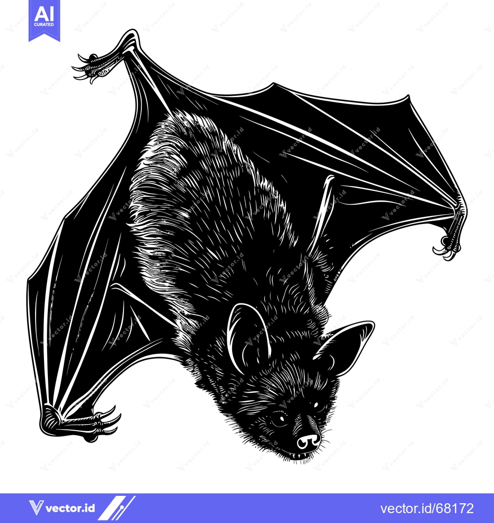 Premium Vector of Black and White Illustration of a Bat with Fur and Extended Wings