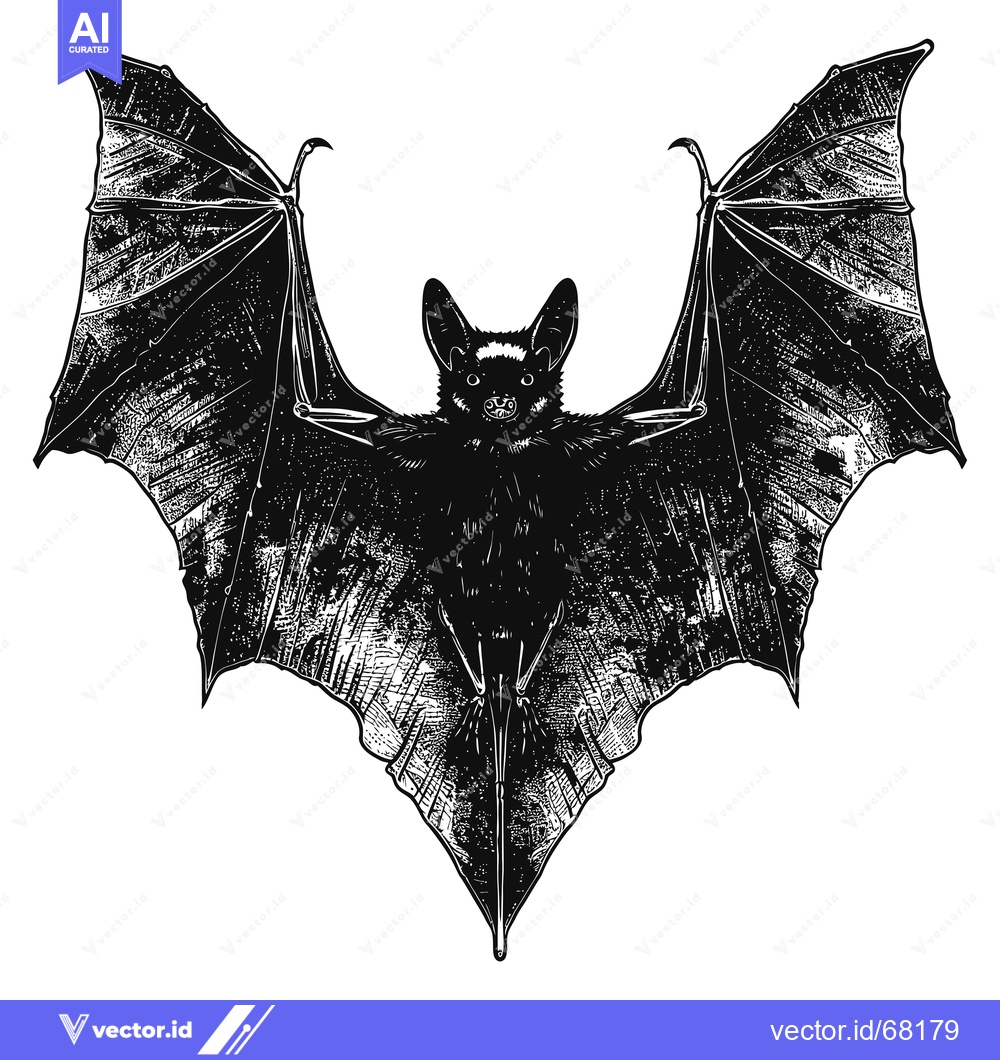 Premium Vector of Black and White Illustration of a Bat with Spread Wings