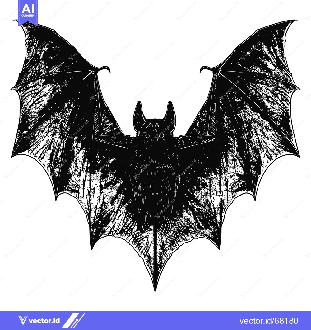 Premium Vector of Black and White Detailed Illustration of a Bat with Spread Wings