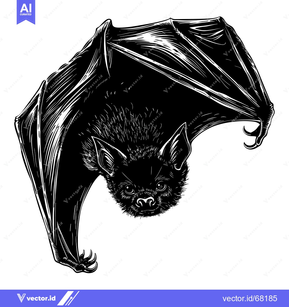 Premium Vector of Black and White Illustration of a Bat Hanging Upside Down