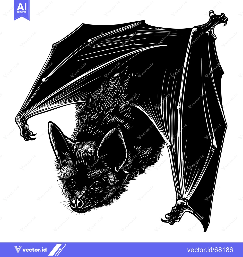 Premium Vector dari A Detailed Black and White Illustration of a Bat Hanging Upside Down