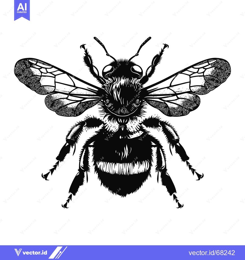 Premium Vector dari Black and white illustration of a bumblebee with wings spread