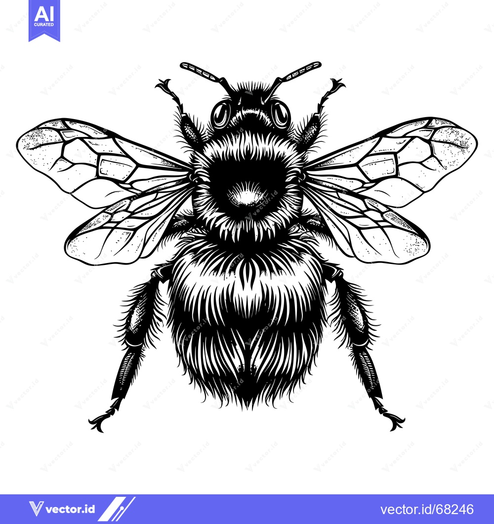 Premium Vector of Black and White Illustration of a Bumblebee with Spread Wings