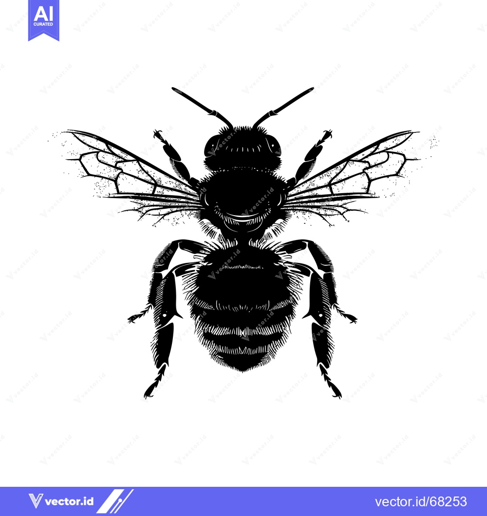 Premium Vector of Black and White Illustration of a Bee with Outspread Wings