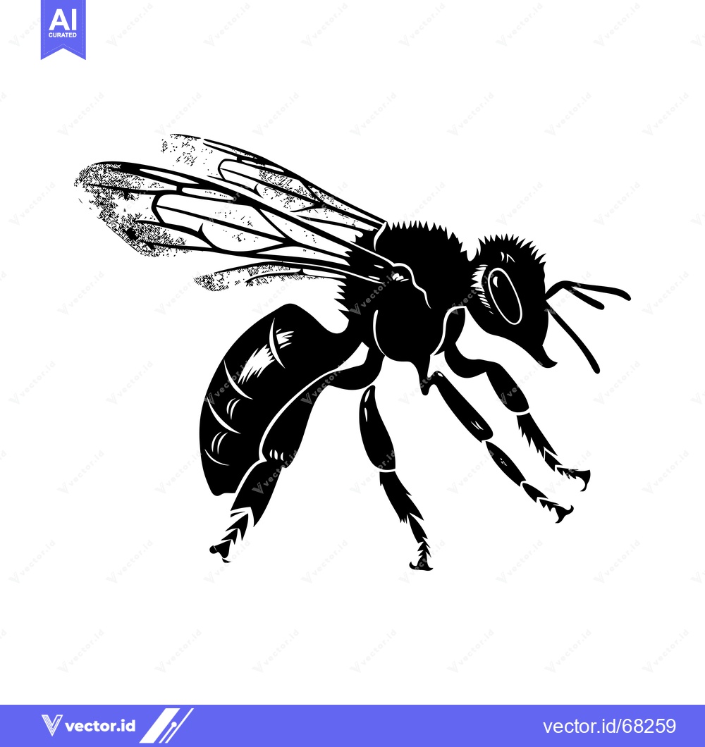 Premium Vector of Black and White Silhouette of a Bee with Wings Spread