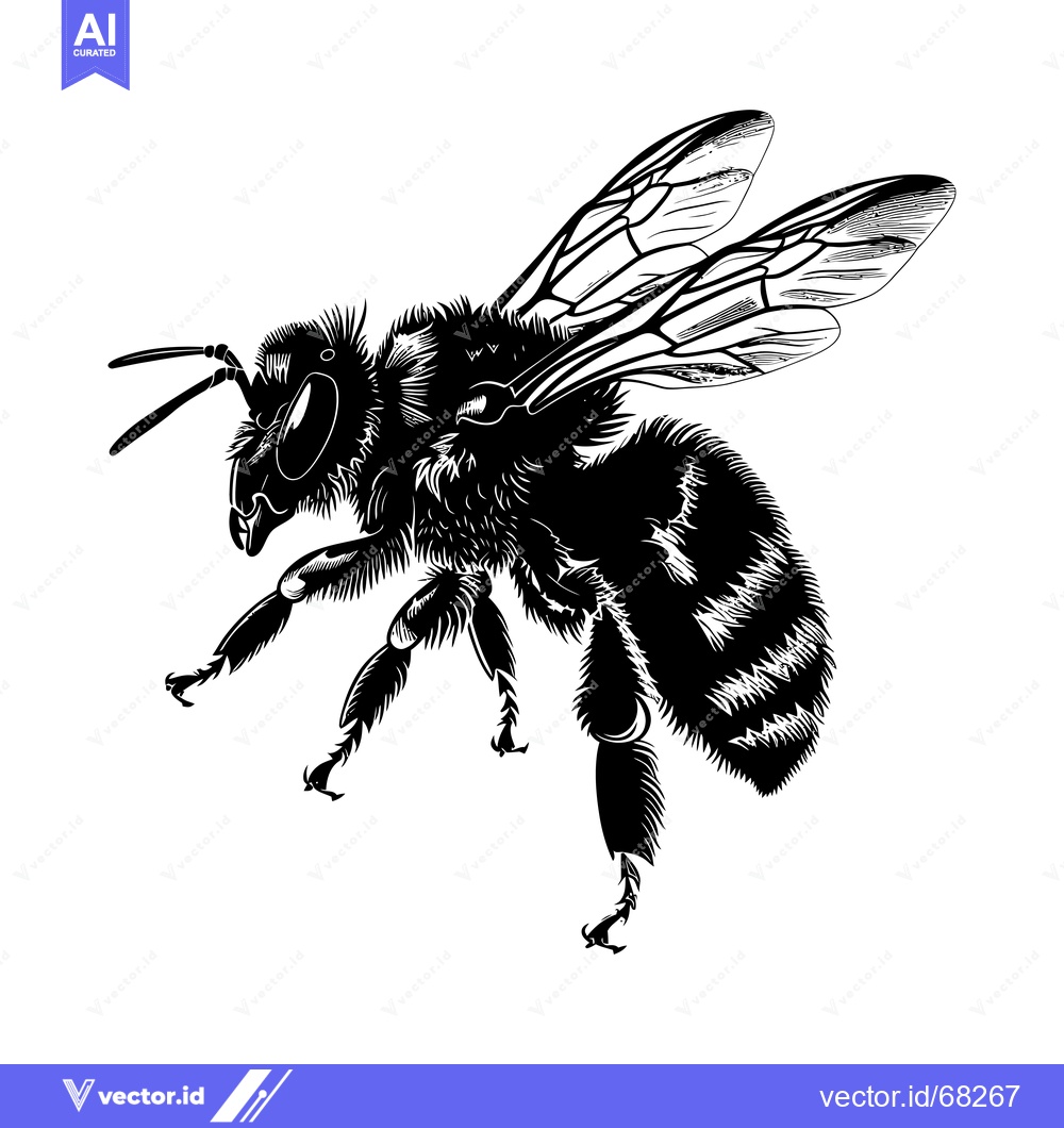 Premium Vector of A Black and White Illustration of a Fuzzy Bee in Flight