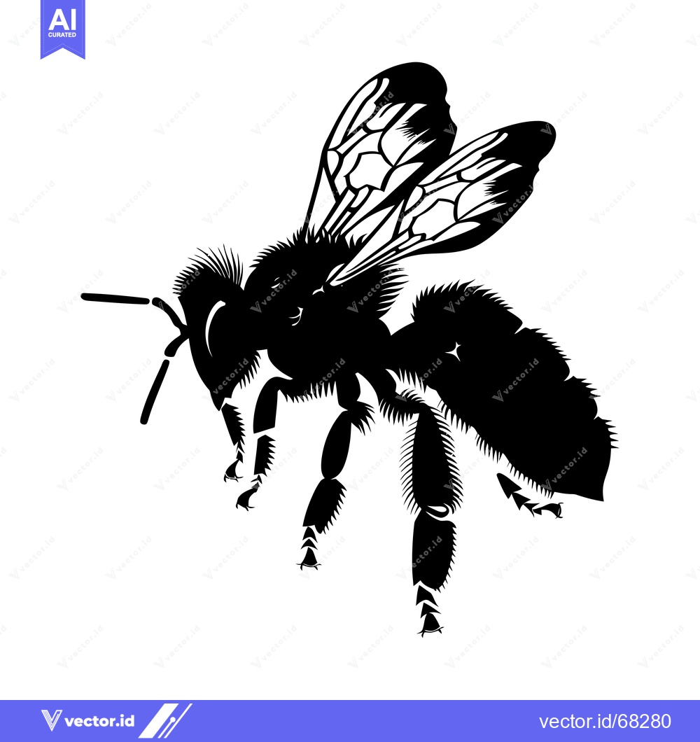 Premium Vector of Black and White Silhouette of a Bee with Wings Spread