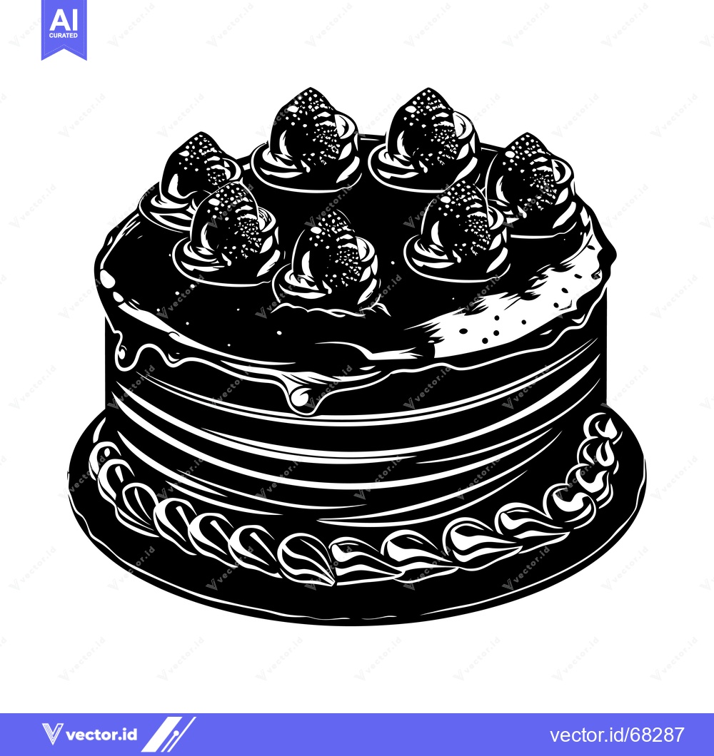 Premium Vector dari Black and White Silhouette of a Cake with Strawberry Toppings