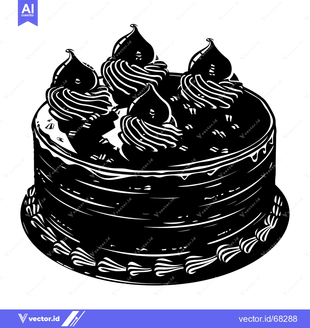 Premium Vector dari Black and White Illustration of a Multi-Layered Cake with Swirled Fros