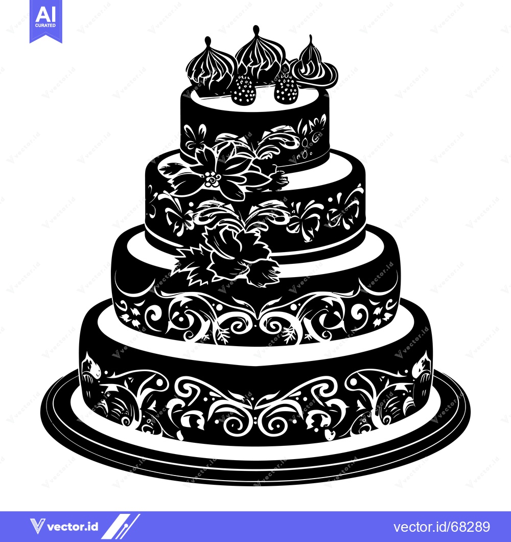 Premium Vector of Black and White Silhouette of an Ornate Four-Tiered Cake with Whipped