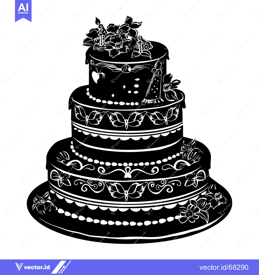 Premium Vector dari Black and White Silhouette of a Three-Tiered Wedding Cake Decorated wi