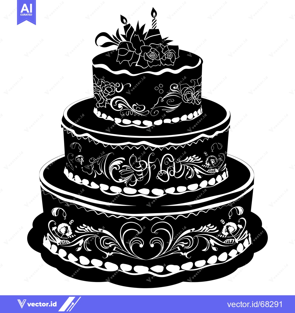 Premium Vector of Black and white silhouette of a three-tiered cake with candles and flo