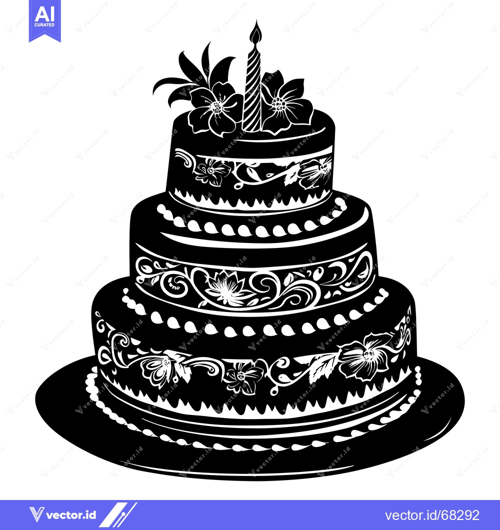 Premium Vector of Three-Tiered Birthday Cake with Candle and Floral Decorations