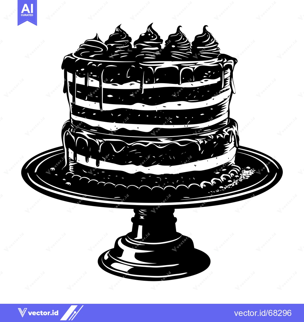 Premium Vector dari Black and White Illustration of a Two-Tiered Chocolate Cake with Icing