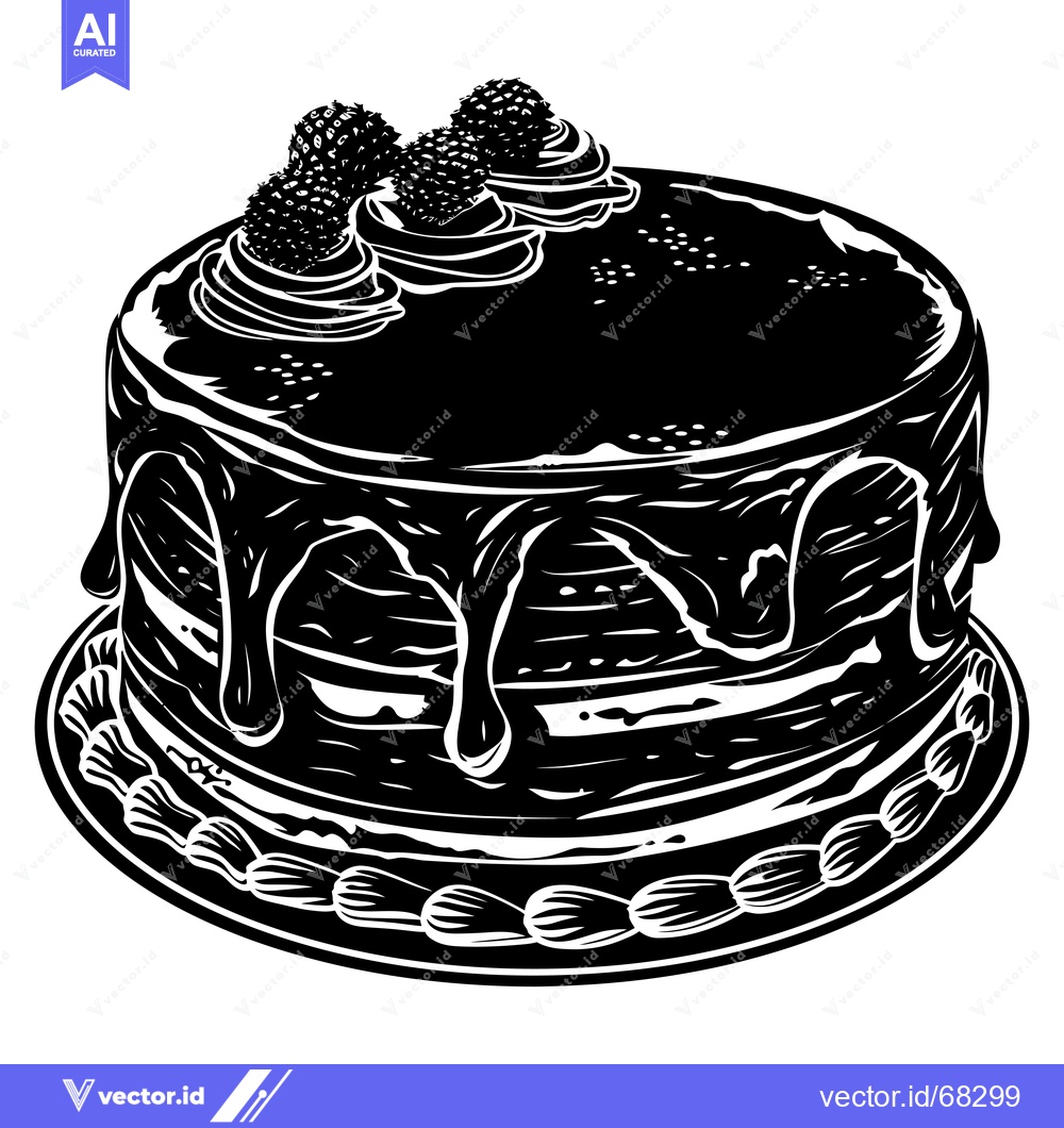 Premium Vector dari Black and White Illustration of a Chocolate Cake with Berries