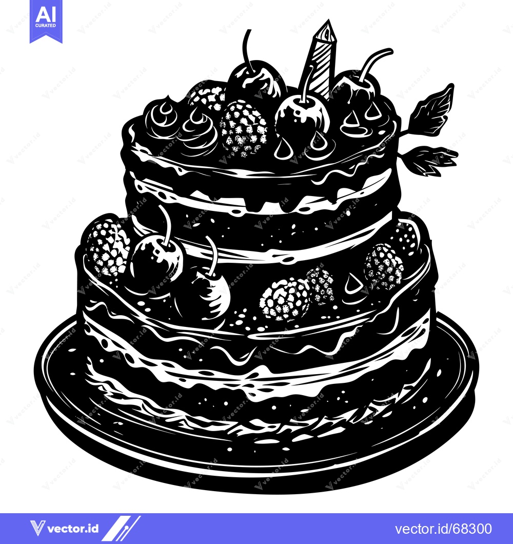 Premium Vector dari Two-Tiered Birthday Cake with Cherries and a Candle