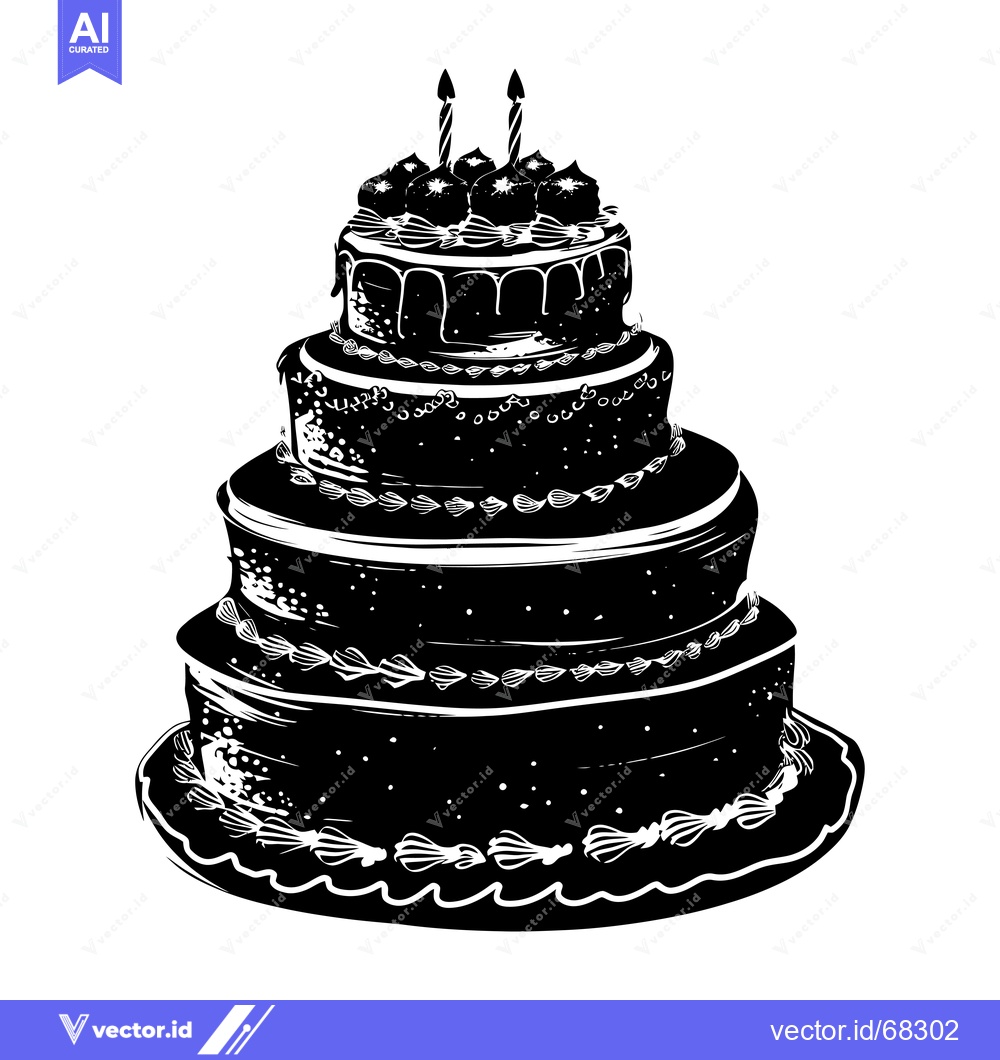 Premium Vector of A Black and White Illustration of a Four-Tiered Birthday Cake with Can