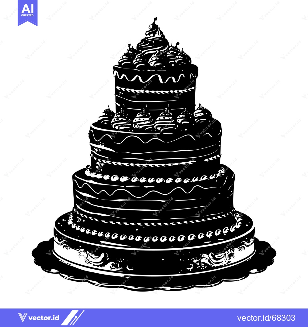 Premium Vector dari A Black and White Silhouette of a Three-Tiered Cake with Swirls